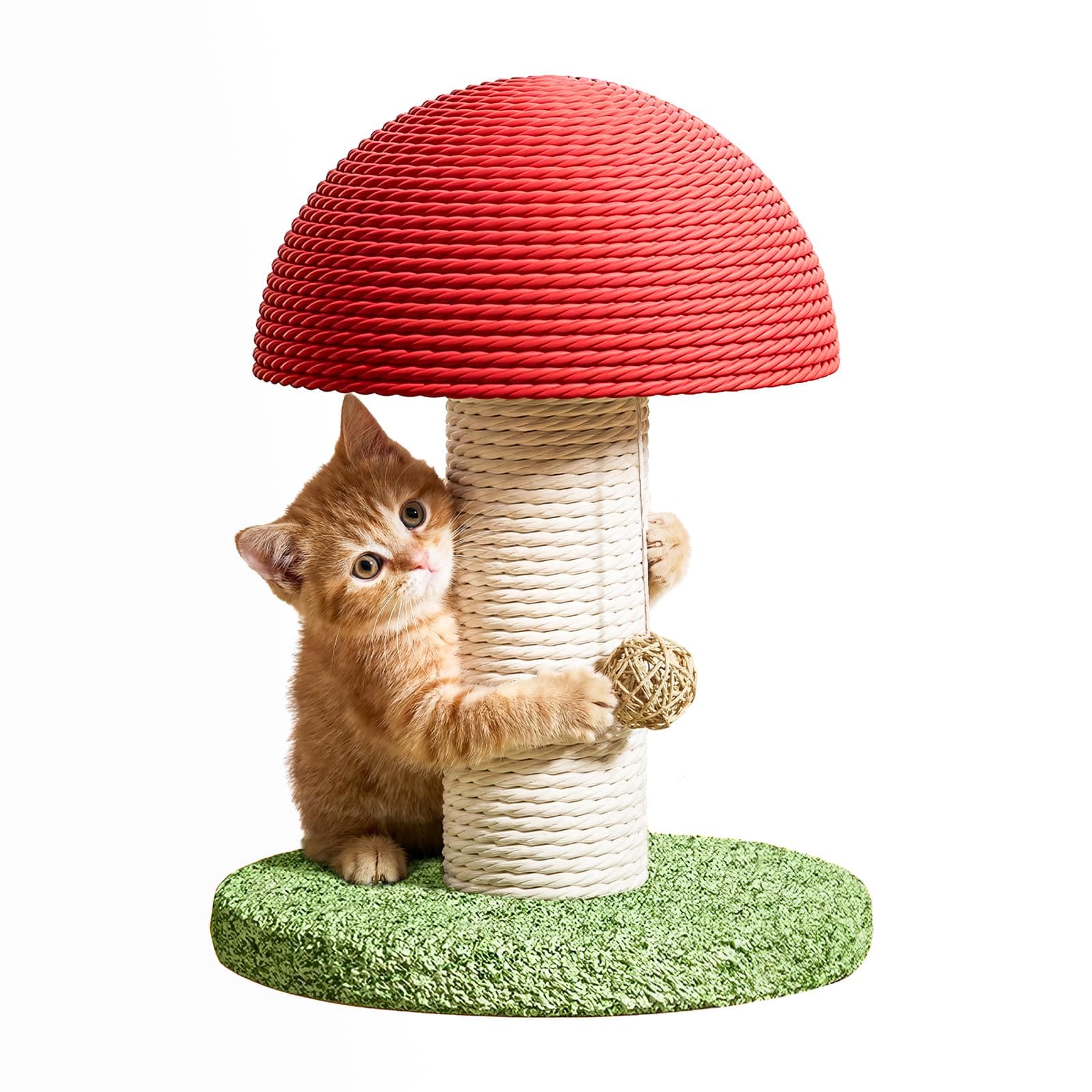 Mushroom Cat Scratching Post 11inch For Kitten & Small Cats, Mini Cat Tree Stable Base, Natural Sisal Scratcher With Hanging Ball, Space Saving Indoor Cat Toy For Small Spaces And Apartments