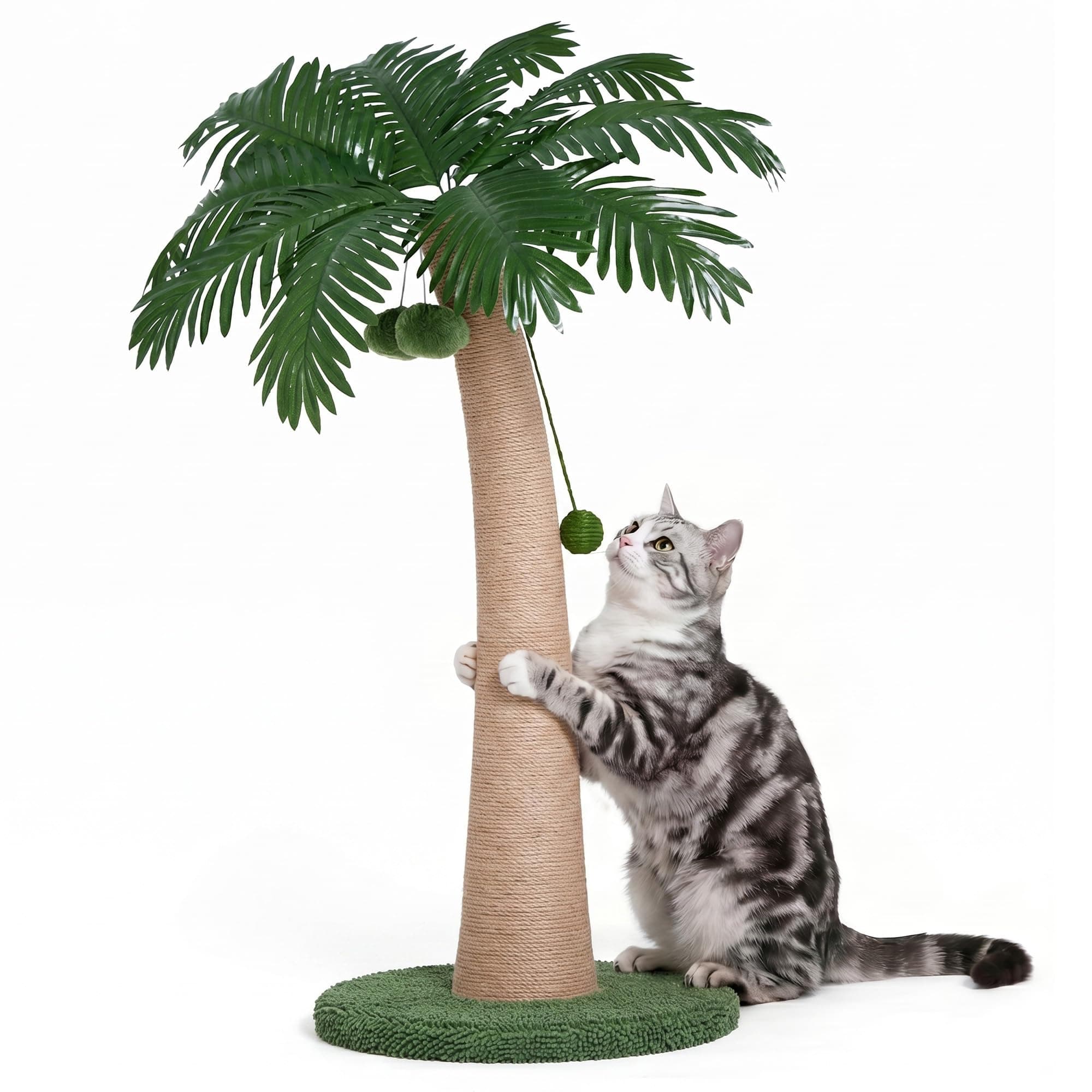 43 Inch Tall Cat Scratching Post For Indoor Large Cats, Natural Sisal Scratch Post With Hanging Toys, Stable Base Cat Scratcher For Kittens & Cats, Tropical Cat Tree Furniture