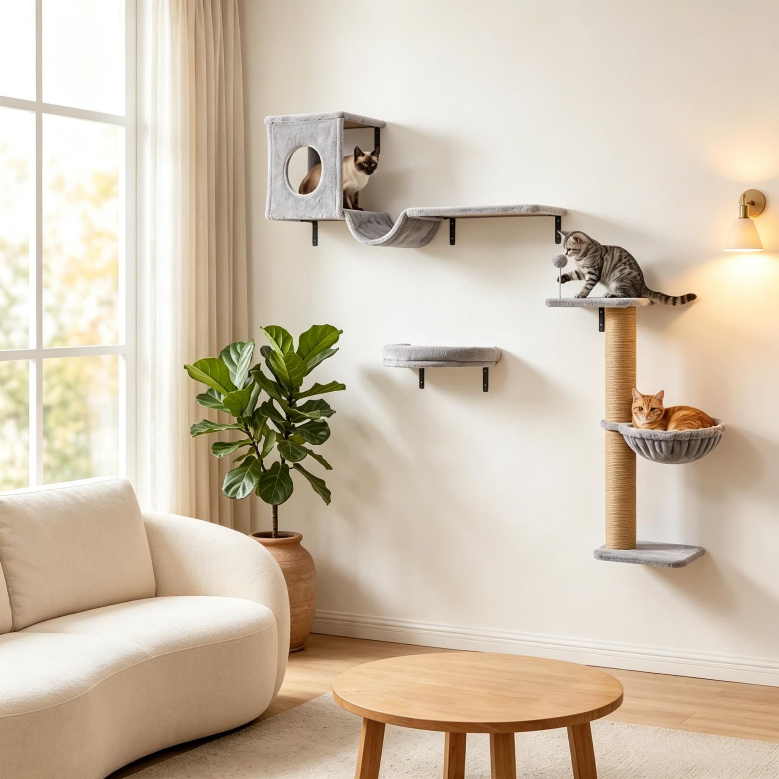 3‑In‑1 Cat Wall Shelves with Condo, Bed, Hammock, Scratching Post and Spring Ball Toy