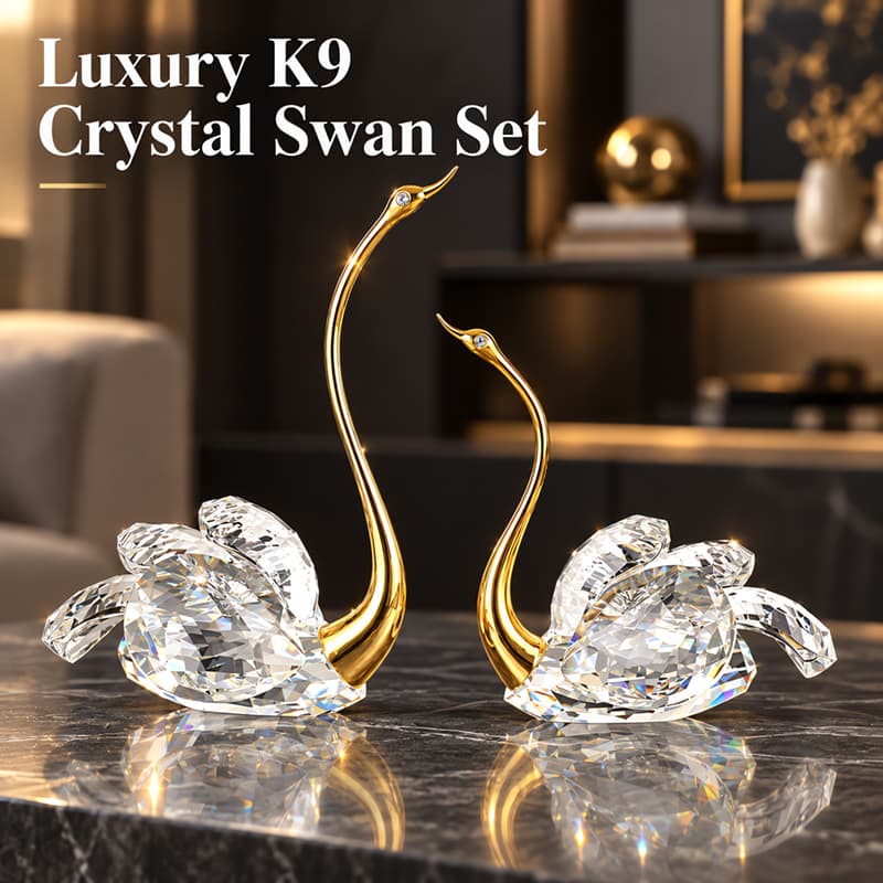 2 Pcs Clear K9 Crystal Swan Figurines With Gold Neck, Hand Cut Faceted Sparkling Ornament, Luxury Home Wedding Decor Romantic Gift