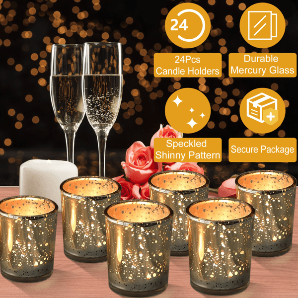 24 Pack Mercury Glass Votive Candle Holders, Gold Silver Speckled Tealight Candle Cups For Wedding, Party, Table Centerpiece Decor