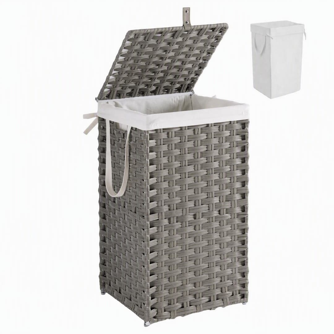 Laundry Basket With Lid, Hand-Woven PP Rattan, With Handle, Foldable, Removable Liner