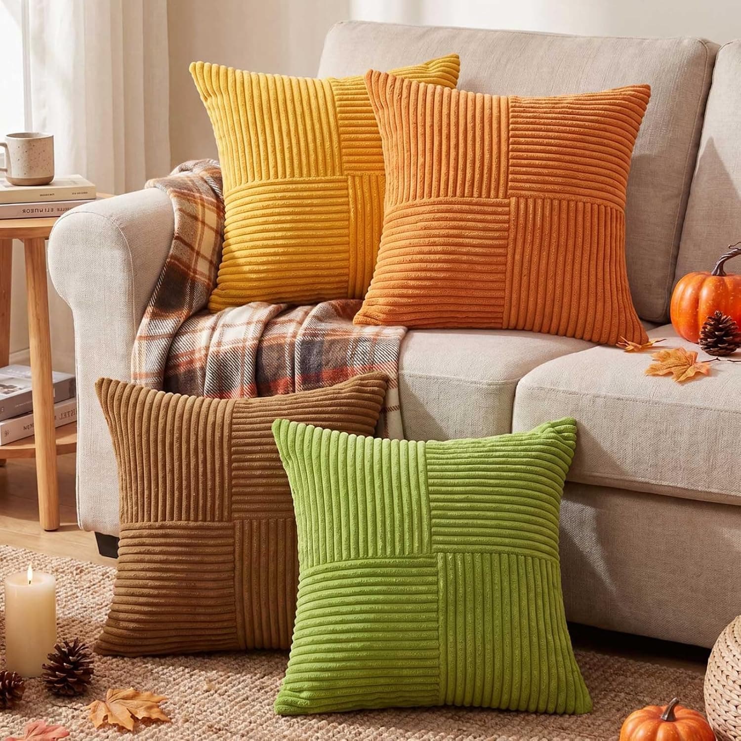 Fall Striped Throw Pillow Covers 4 PCS, 18x18 Inch Boho Cushion Cases In 4 Colors For Sofa, Couch, Bed And Thanksgiving Decor