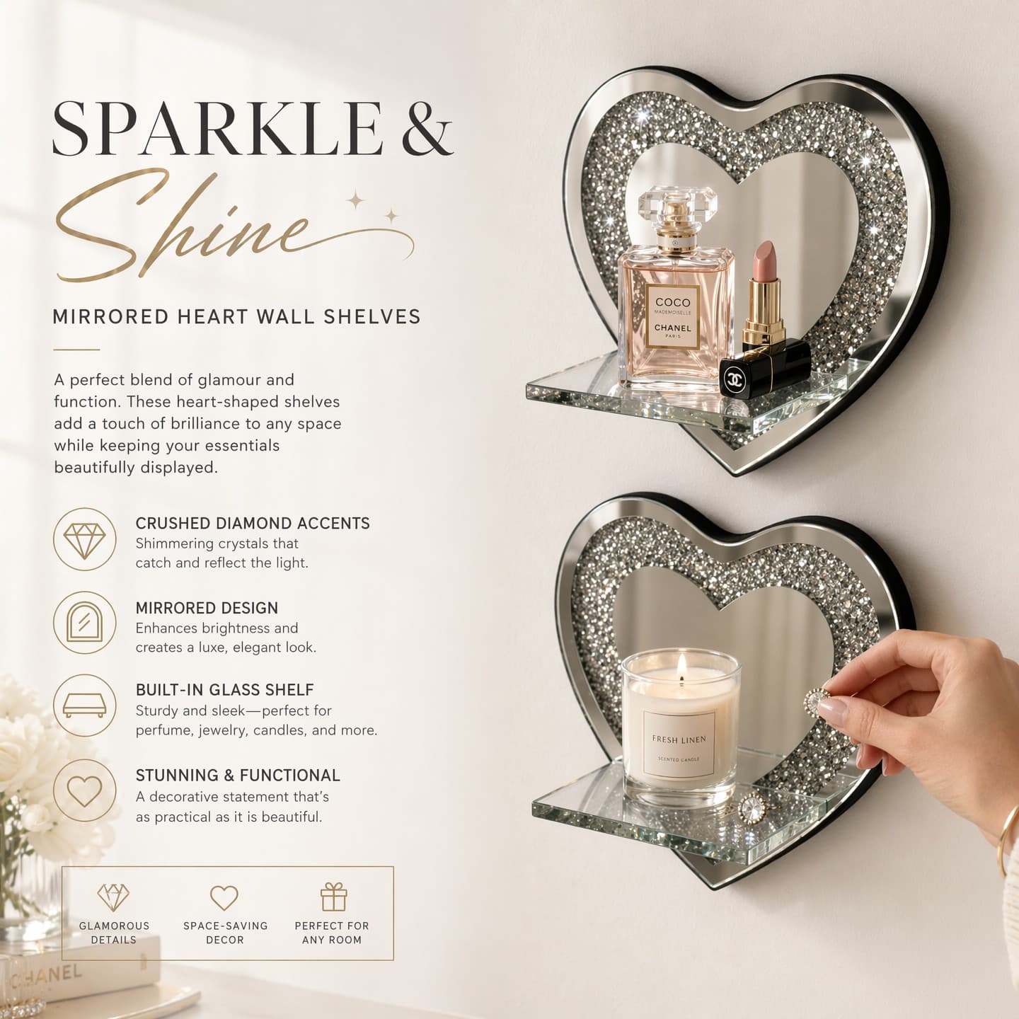 Heart Shaped Mirrored Wall Shelf With Crushed Diamond Inlay, Crystal Decor Floating Glass Shelves For Wall, Glam Display Rack For Perfume Candle Jewelry Home Decor