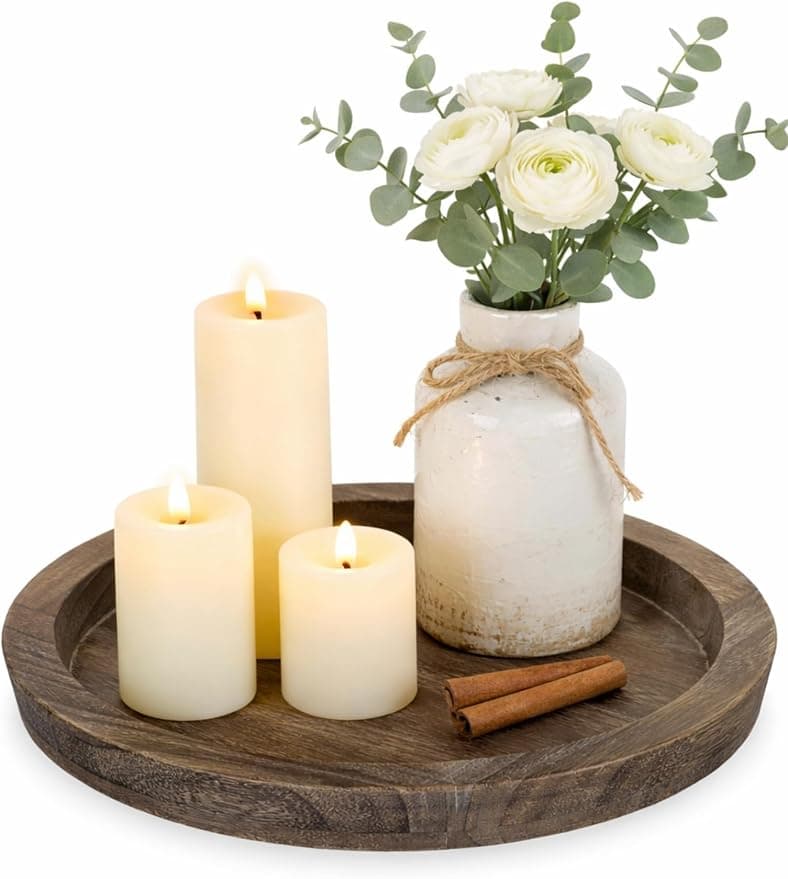 Round Wooden Candle Holder Tray With Distressed Finish For Coffee Table Home Decor