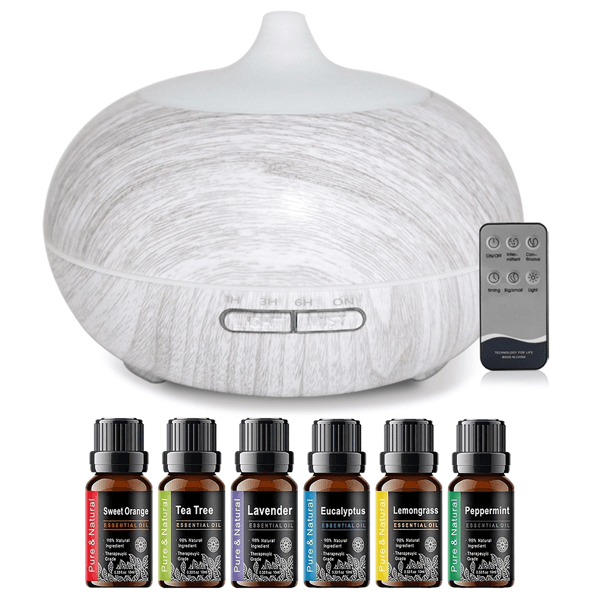 Multi Function Aromatherapy Diffuser & Humidifier Wood Grain Design, 550ml Tank, 7 LED Colors, Remote Control With 6 Essential Oils