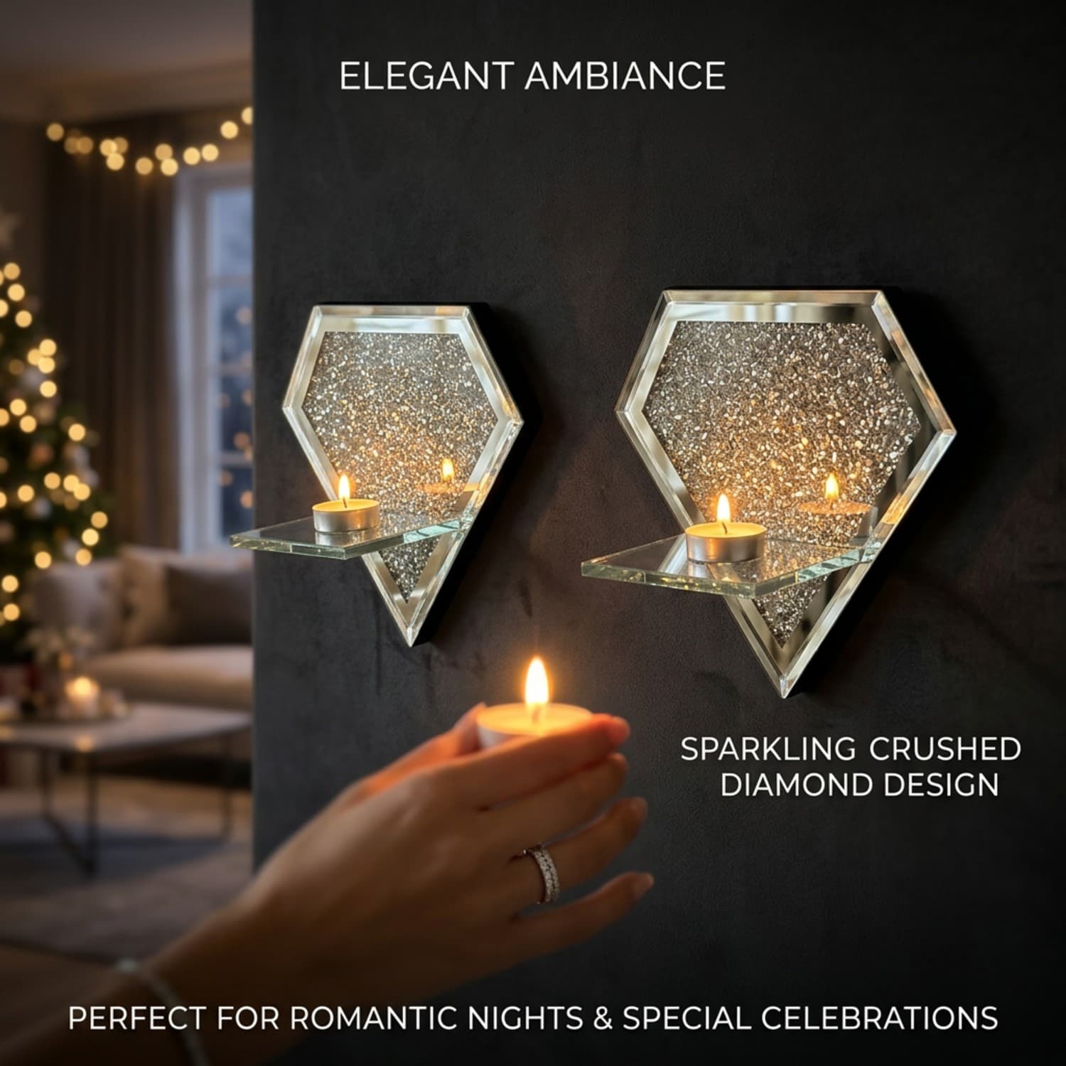 Diamond Shaped Mirrored Wall Candle Sconce, Crushed Diamond Inlay Glass Wall Mount Shelf, Decorative Wall Candle Holder For Living Room Bedroom Home Wall Decor