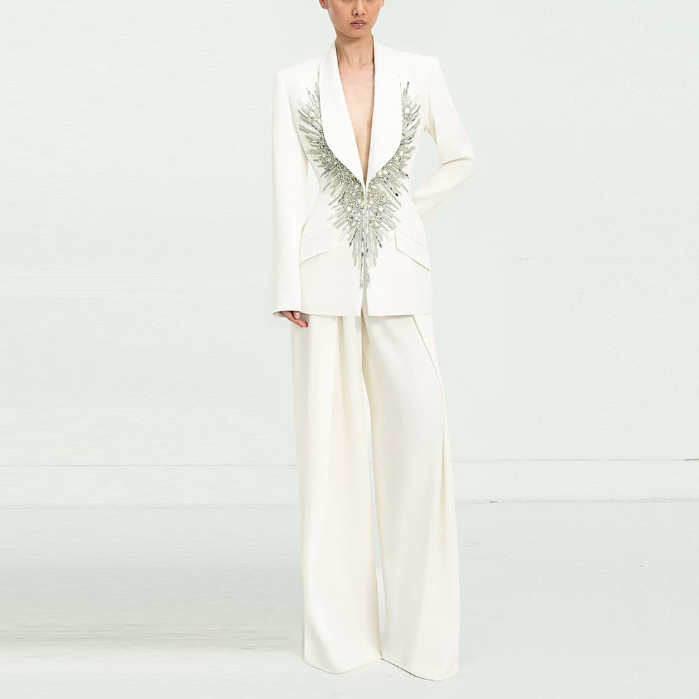 Crystal-Embellished Shawl Collar Blazer & Wide-Leg Trouser Suit Set