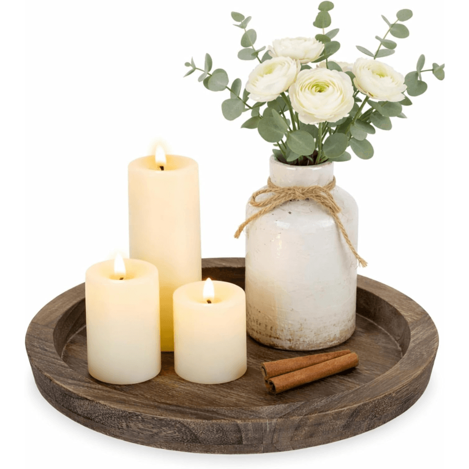 Hanobe Candle Holder Tray Decor Round Coffee Table Decorative Tray For Home Decor - Farmhouse Wood Plate Circle Display For Living Room Kitchen Centerpiece