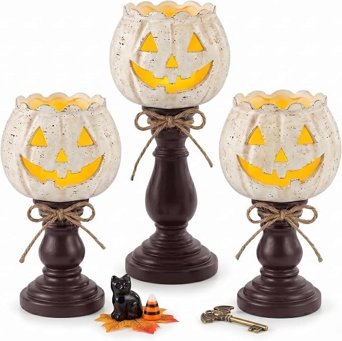 3-Piece Rustic White Pumpkin Tealight Candle Holder Set, Fall Decor