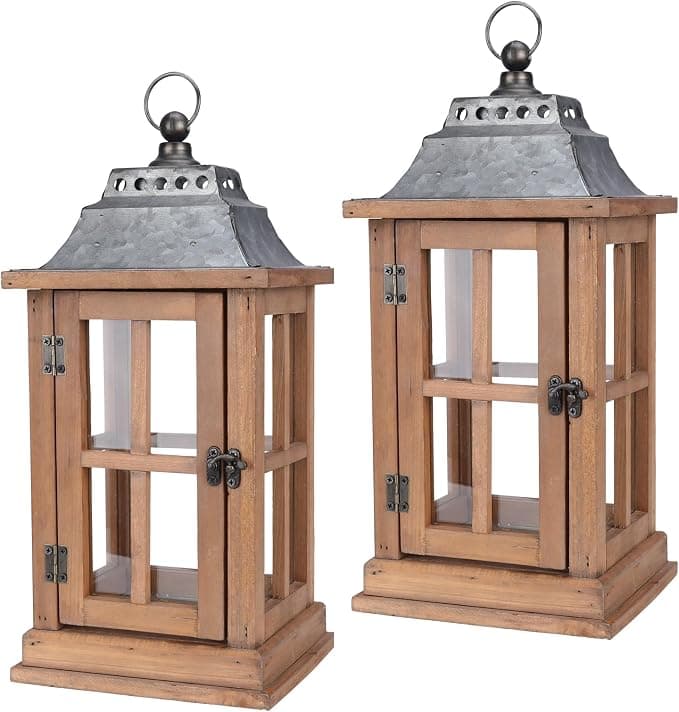 Set Of 2 Wooden Outdoor Lanterns, 15-Inch Decorative Candle Holders