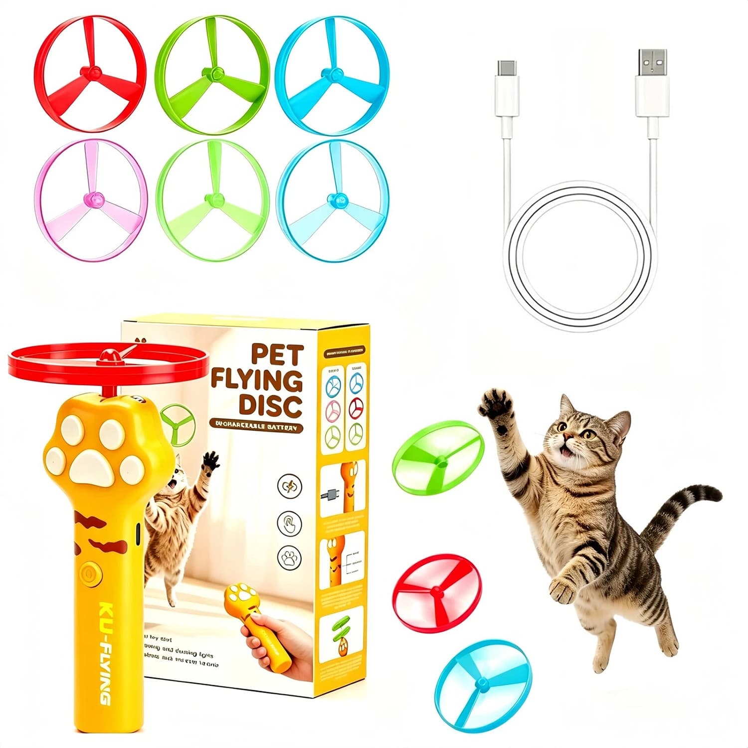 10 Flying&Cat Toy Disc Launcher, Rechargeable Interactive Cat Fetch Toy Launcher