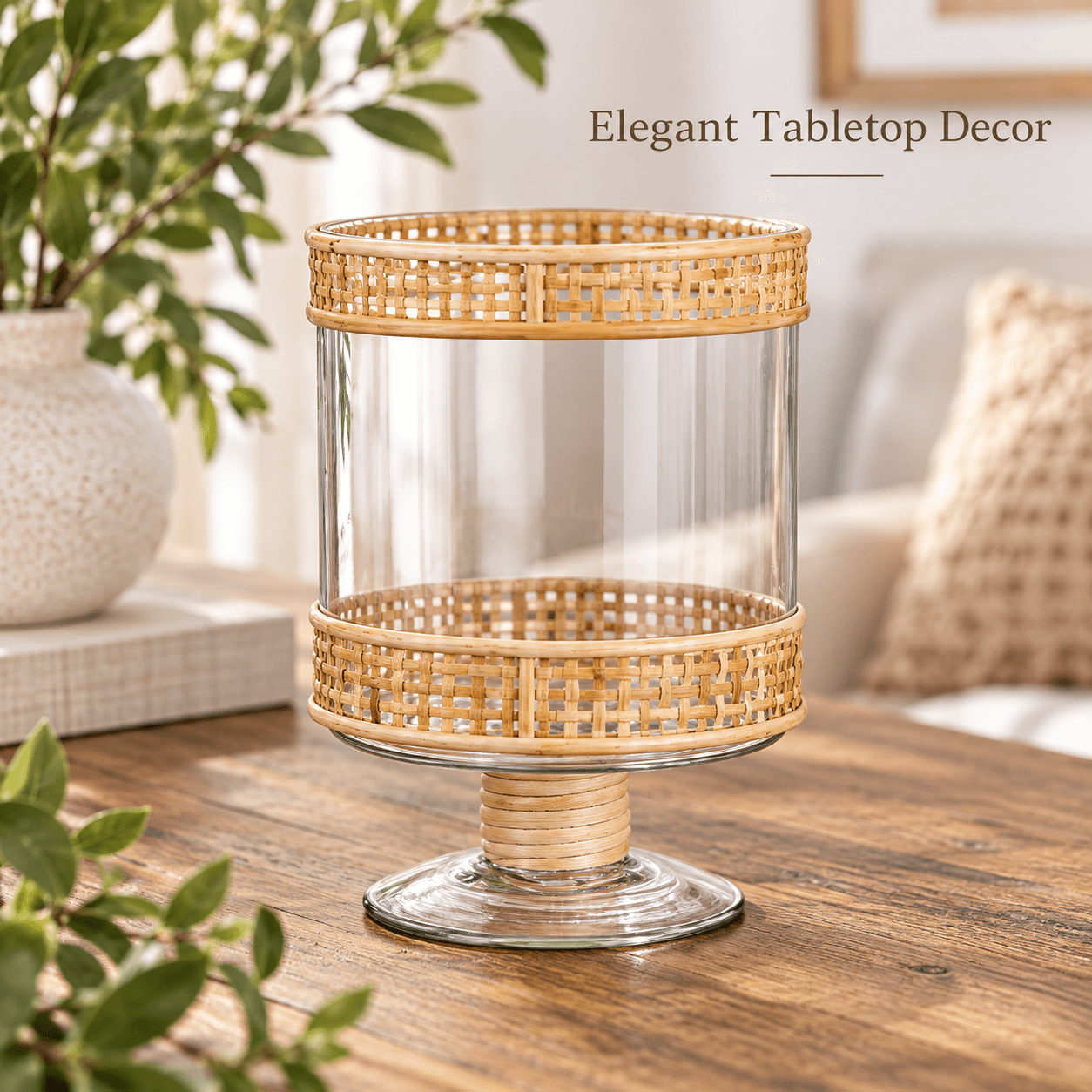 This Elegant Candle Holder Of Goblet Cylindrical Combines The Sophistication Of The Glass With The Warmth Of The Rattan