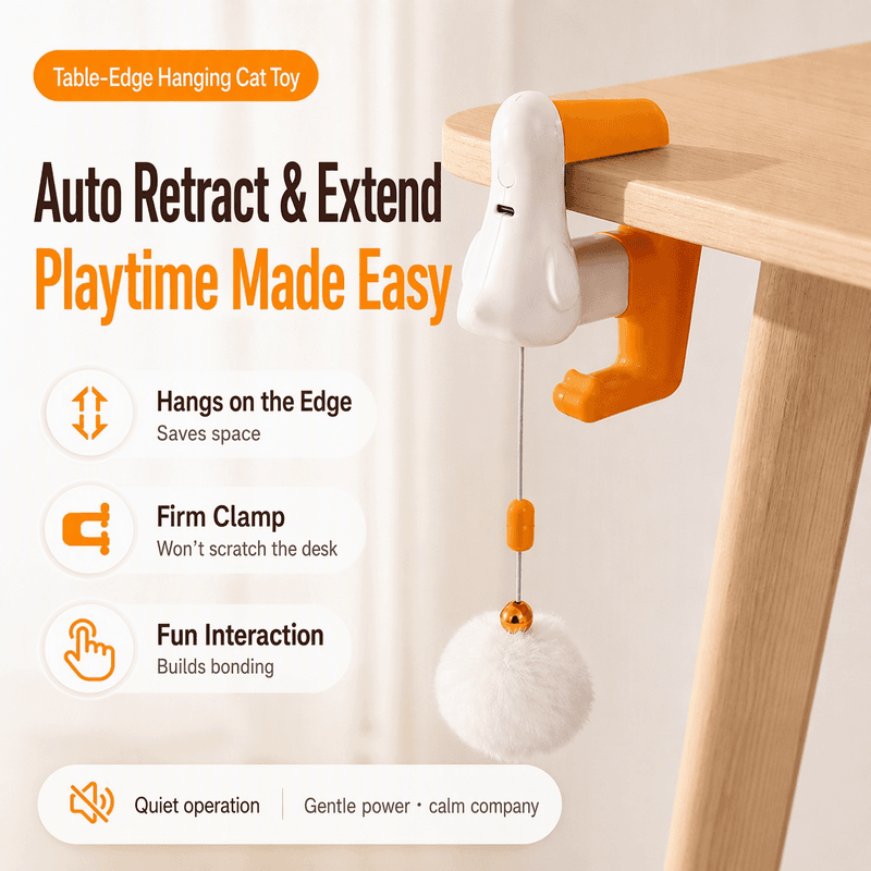 Automatic Cat Teaser Ball, Clamped-on Electric Interactive Cat Toy With Retractable Moving Pom Pom Ball, USB Rechargeable Self-Playing Kitten Toy For Indoor Cats