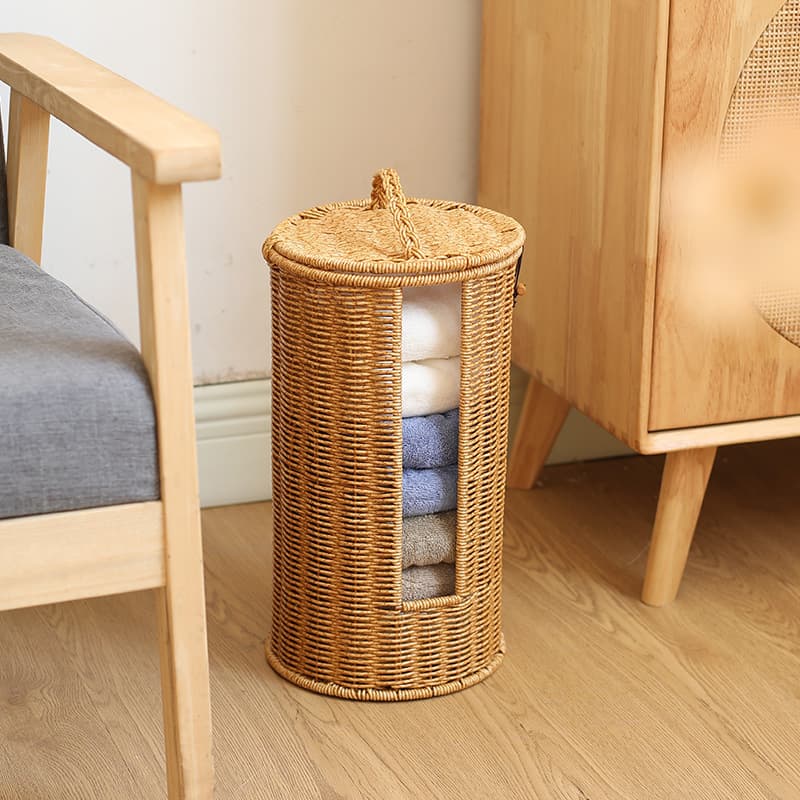 Rattan-look Round Bucket With Lid Storage Basket