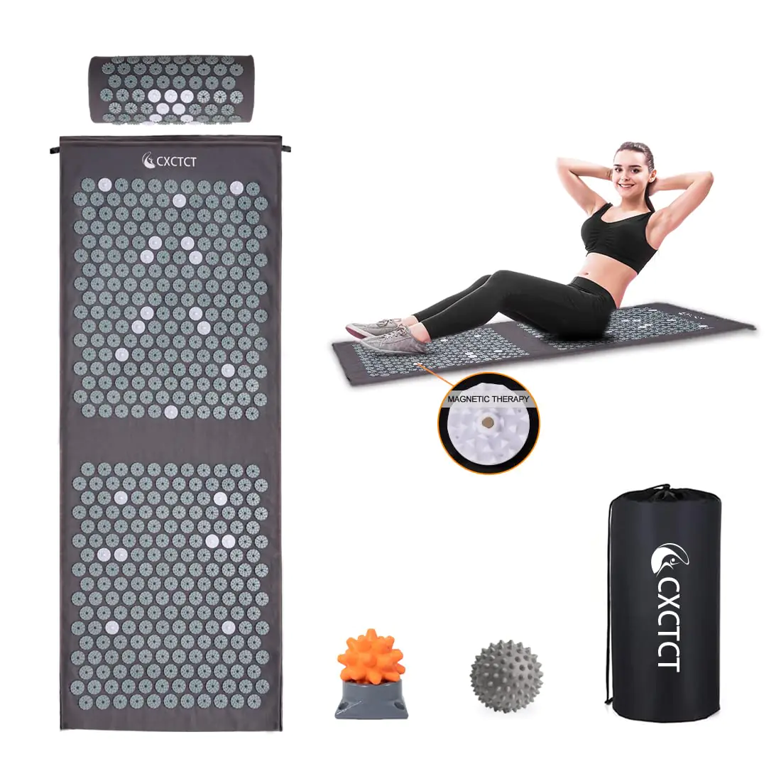 Extra Long Yoga Acupressure Mat SetMassage Acupuncture Mat LargeMagnetic Mat Acupressure Body mat and Pillow for Neck Back Pain Relief(Grey)